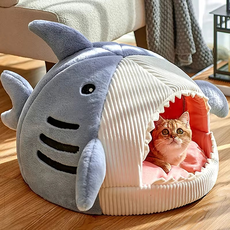 Big Mouth Shark Pet Semi-Enclosed Cat and Dog Bed with Cushion Beds and Furniture Deep Sleep Accessories for Cats Kitten & Pets